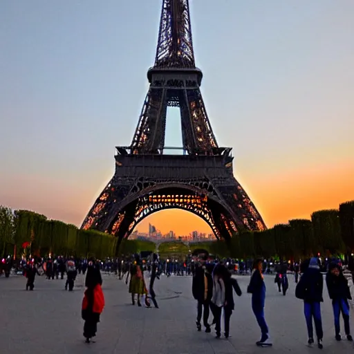 Prompt: eiffel tower at sunset with chinese tourists everywhere, chinese advertising on eiffel tower- comic book style