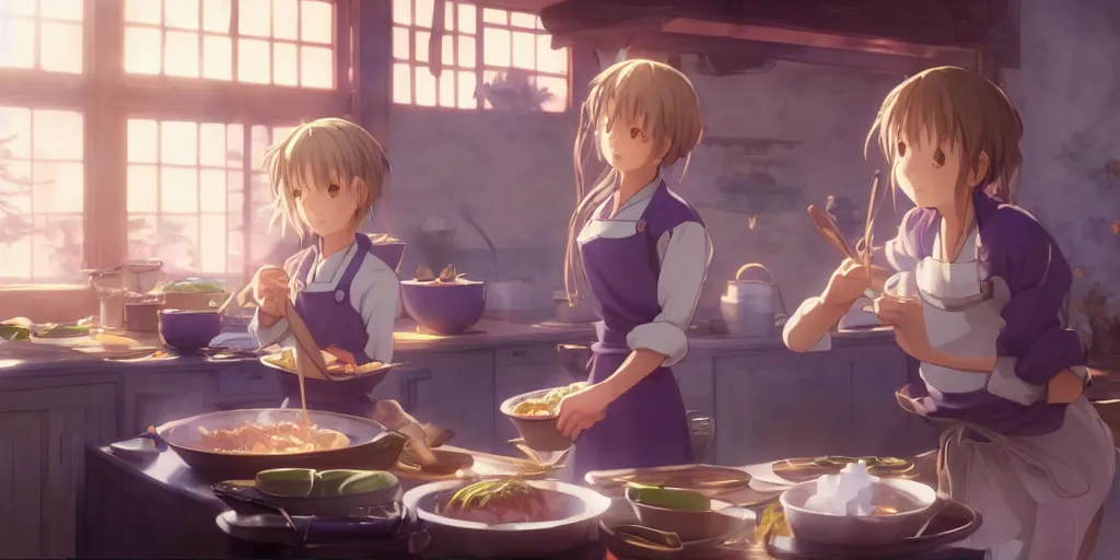 Prompt: a wholesome animation key shot of violet evergarden cooking tasty ramen in the kitchen, medium shot, waist up, studio Ghibli, Pixar and Disney animation, sharp, Rendered in Unreal Engine 5, anime key art by Greg Rutkowski, Bloom, dramatic lighting