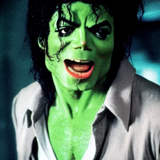 Image similar to michael jackson as the incredible hulk, movie still, 8 k