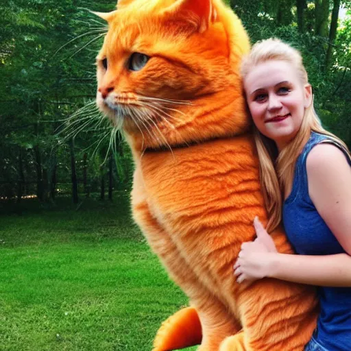 Image similar to teenaged blonde girl riding a large orange maine cat dressed as warriors
