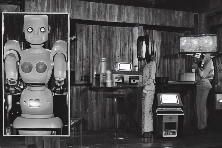 Image similar to robot staring at her reflection in a mirrored monolith, from 1977, in a tiki bar, volumetric lighting, surrounded by crt monitors, low-light photograph, in the style of jack bridgeland