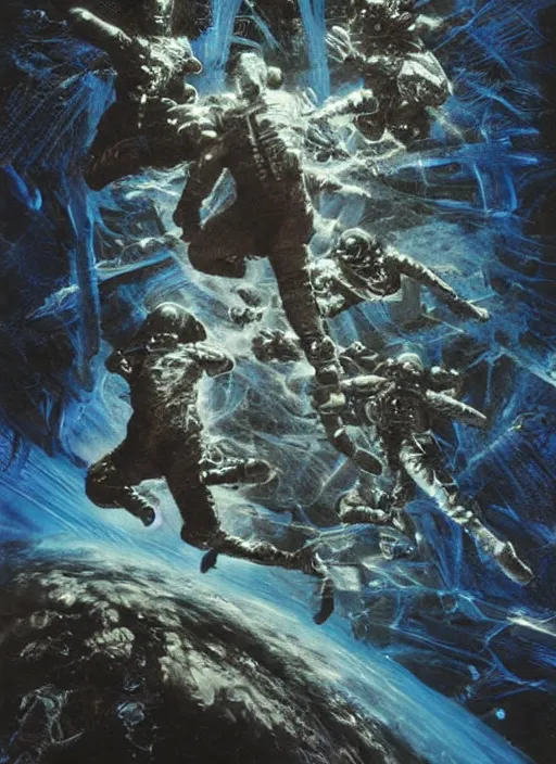Image similar to astronauts in dark and empty void underwater - complex and hyperdetailed technical suit. reflection and dispersion materials. rays and dispersion of light. volumetric light. 5 0 mm, f / 3 2. noise film photo. flash photography. ultra realistic, wide angle. poster by wayne barlowe, hajime sorayama aaron horkey, craig mullins