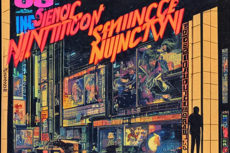 Image similar to 1 9 7 9 science fiction magazine window shopping downtown in neo - tokyo. in the style of bladerunner concept art by syd mead