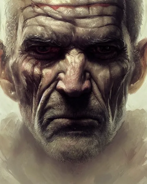 Prompt: old shaved man with a big scar on his blind left eye, elegant, hard edges, wrath, muscles, ethereal, science fiction, supervilain, fantasy art by greg rutkowski and magali villeneuve and claude monet