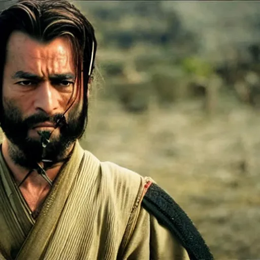 Image similar to handsome and strong kurdish samurai wielding a katana in a movie directed by christopher nolan, movie still frame, promotional image, imax 7 0 mm footage, perfect symmetrical facial features