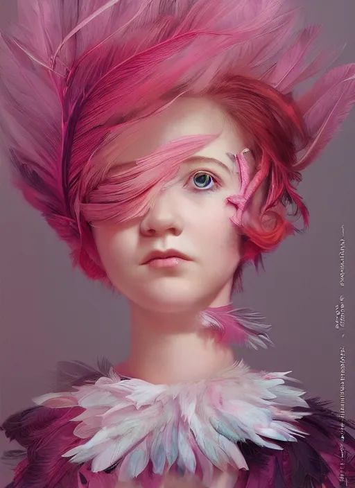 Image similar to beautiful little girl with an pink eccentric haircut wearing an dress made of feathers dancing on stage, artwork made by ilya kuvshinov, inspired in donato giancola, hd, ultra realistic, reflection, flowers, light, realistic face, bird, trending on pixiv, 8 k