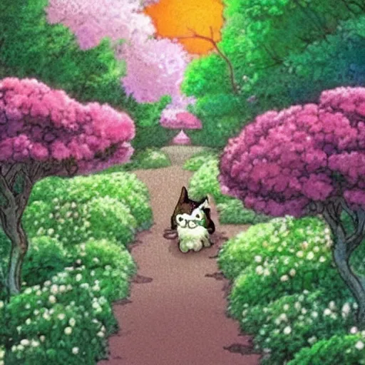 Image similar to Cat holding flower forest walkway, Ghibli art style