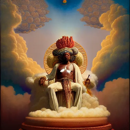 Prompt: obatala the cosmic god sitting on a throne of nebula clouds, by Agostino Arrivabene and thomas blackshear, matte painting, orisha, 8k, hd