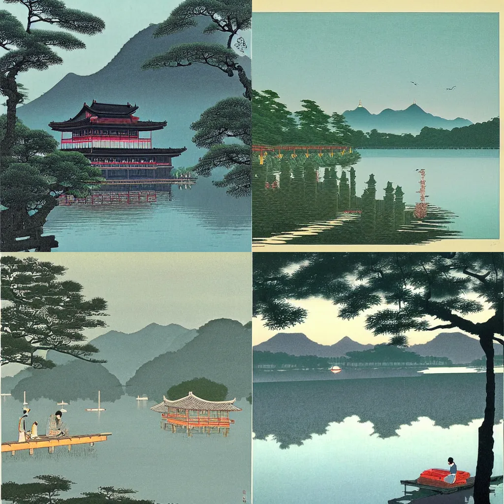 Prompt: Evening at west lake in summer, Hangzhou, by Hasui Kawase