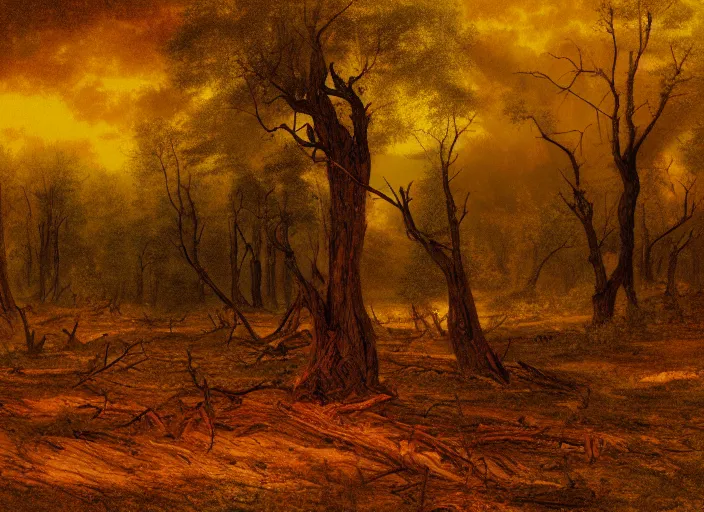 Prompt: scorched forest landscape, style of albert bierstadt, digital art, vibrant, golden ratio, dead trees