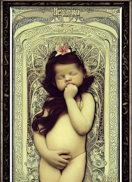 Prompt: newborn photography of a swaddled baby as painted in art nouveau style by alphonse mucha