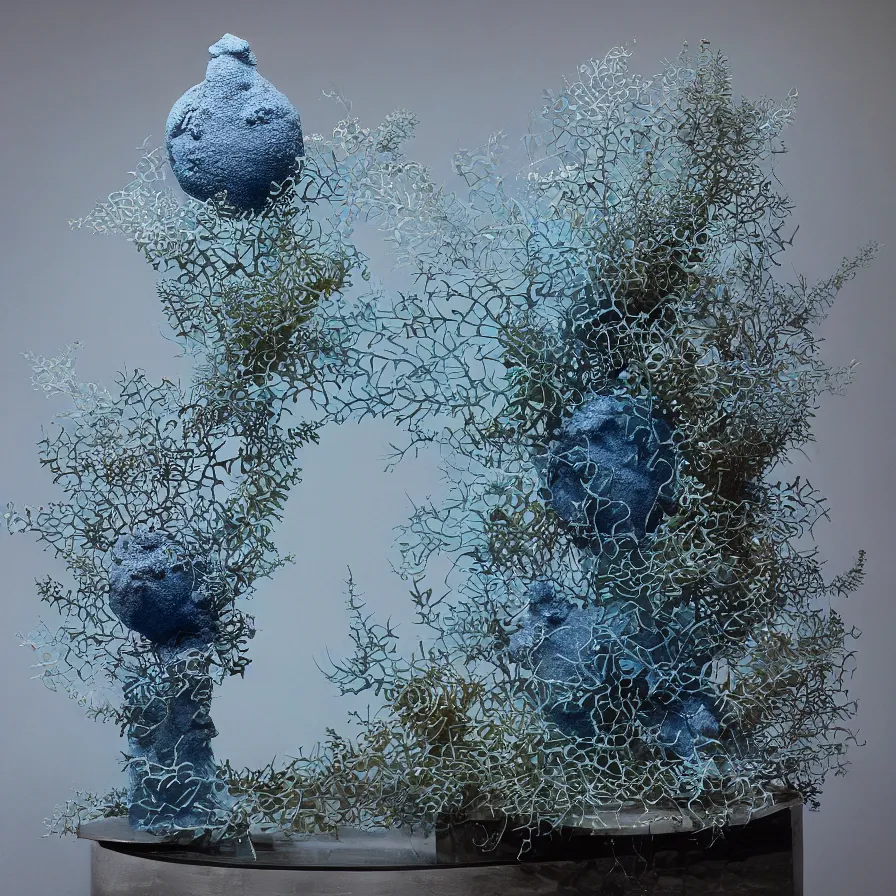 Image similar to hyperrealistic sculpture of a distressed bronze ancient fossilized echinoderm sea urchin dusted with opalescent blue spraypaint and ferns in a nylon grid cage on a pedestal by ron mueck and duane hanson and lee bontecou, hyperrealistic dramatic colored lighting trending on artstation 8 k