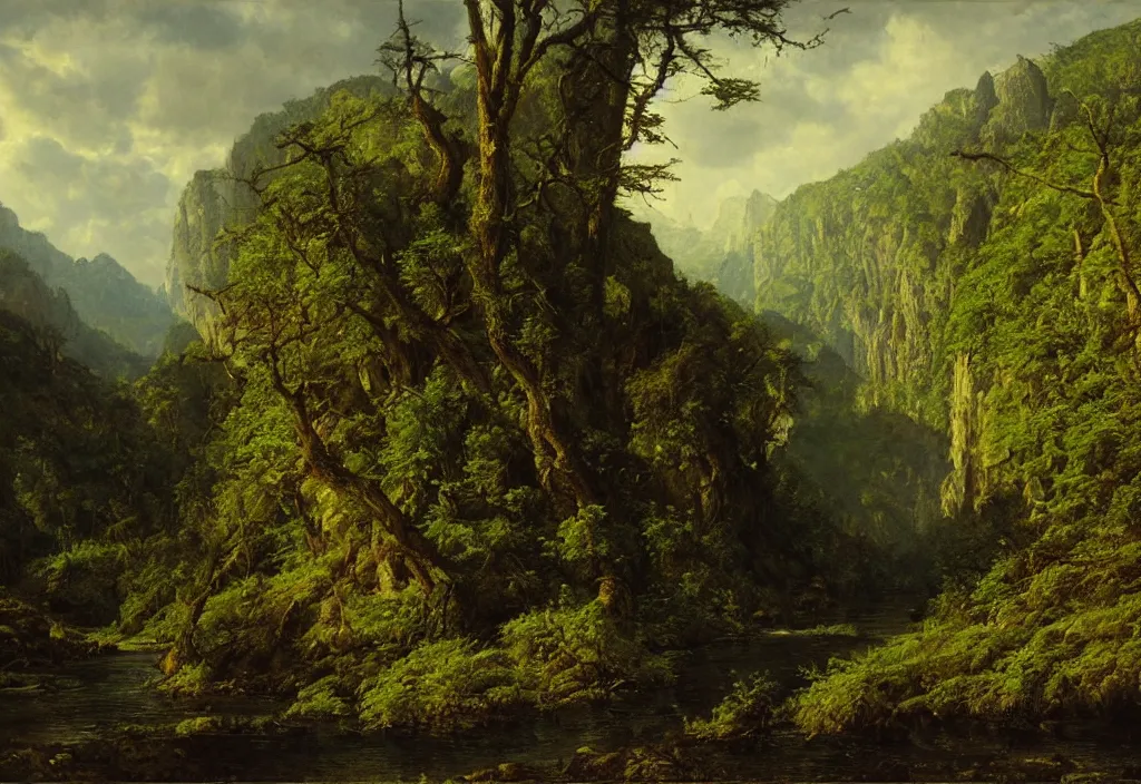 Prompt: a painting of a old forest with cliffs and rivers in the background, by james gurney, vivid beautiful lighting, chiaroscuro