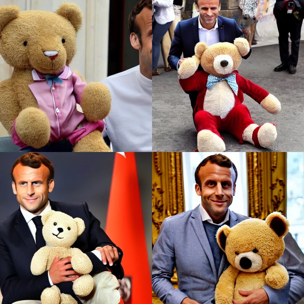 Prompt: Macron wearing a pajamas, holding a teddy bear