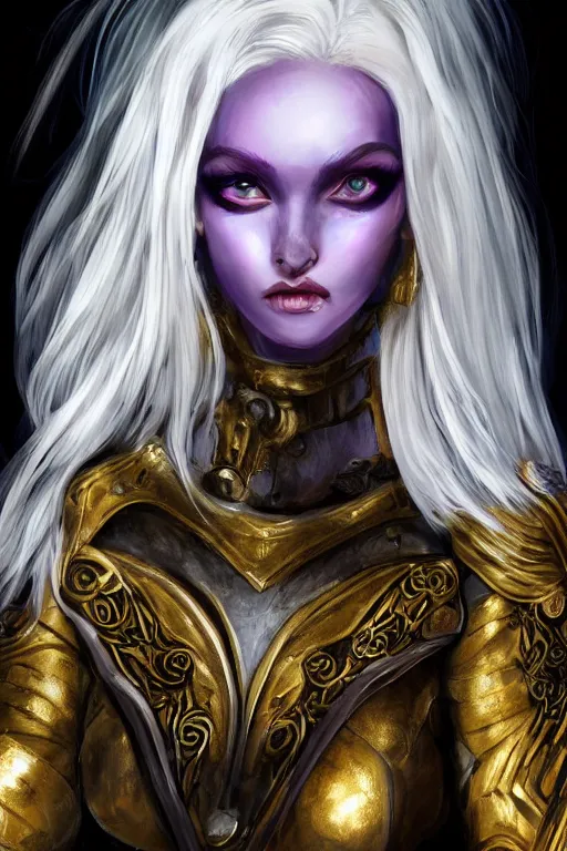 Image similar to portrait evilly knights of Zodiac girl, white hair, seductive eyes and face metalic deep purple and black reflected armor, in ruined Agora of Athens thunder flash night, sparkling, ssci-fi, fantasy, intricate, very very beautiful, elegant, golden light, highly detailed, digital painting, artstation, concept art, smooth, sharp focus, illustration, art by tian zi and WLOP and alphonse mucha
