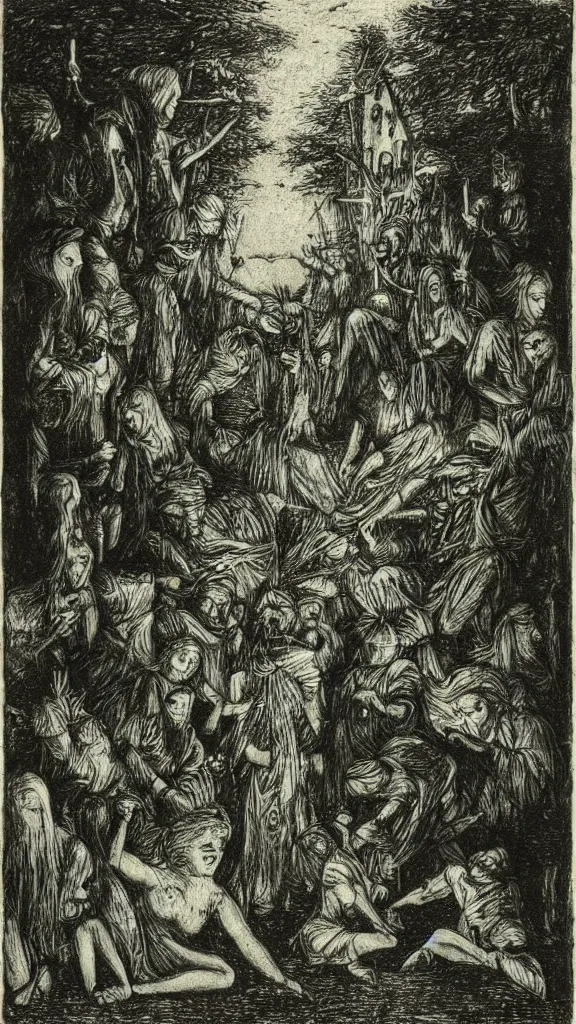 Image similar to an etching of pagan folklore, by david gentleman