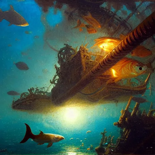 Image similar to point of view of deep in the ocean looking up, you see fishes, higher up you see the milk way, night time. highly detailed painting by gaston bussiere, greg rutkowski 8 k