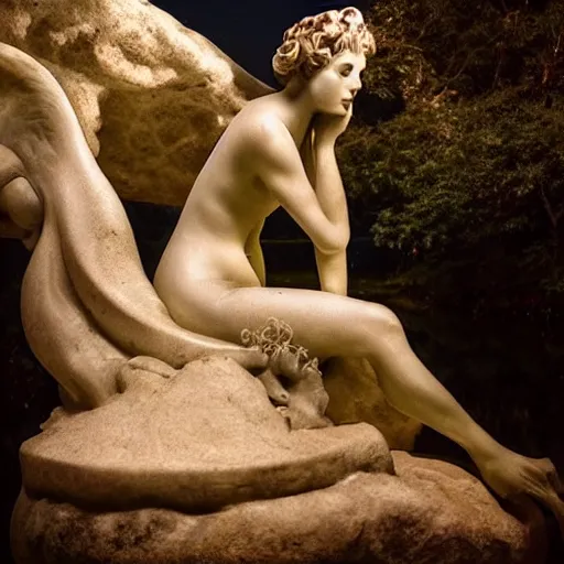 Image similar to photography of a sensual mermaid marble sculpture! masterpiece by michelangelo, 8 k, high aperture, atmospheric light background, cinematic light, fireflies and sparkles, pinterest, artstation