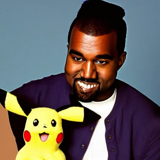 Image similar to kanye west smiling holding pikachu for a 1 9 9 0 s sitcom tv show, studio photograph, portrait c 1 2. 0