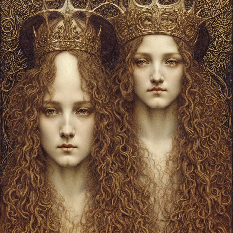 Image similar to detailed realistic beautiful young medieval queen face portrait by jean delville, gustave dore and marco mazzoni, art nouveau, symbolist, visionary, gothic, pre - raphaelite. horizontal symmetry