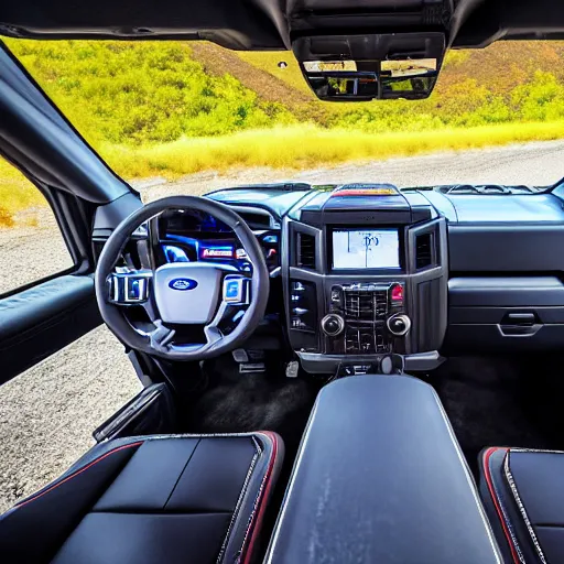 Image similar to the driver seat from a ford raptor in alberta, 4 k high - resolution photograph, ultra detail, hd photo