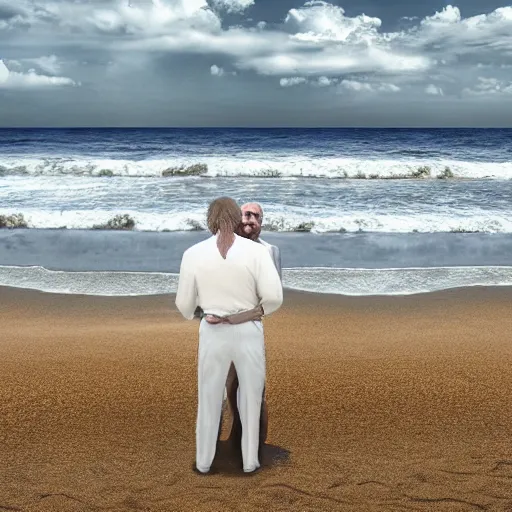 Prompt: Walter White hugging Saul Goodman on the beach, artistic, 8k, cinematic