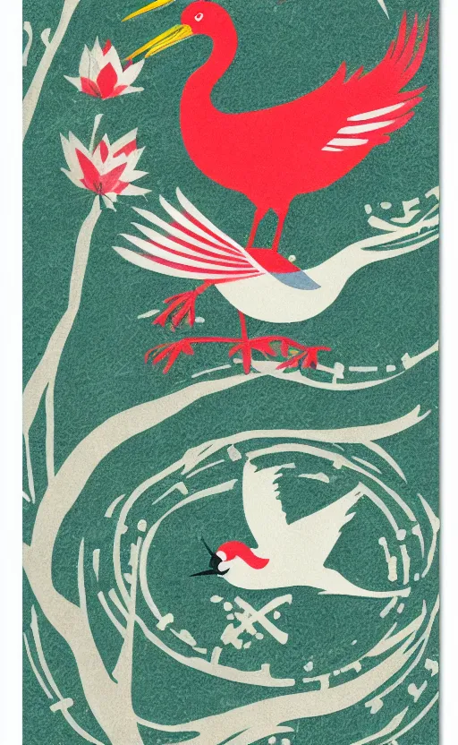 Image similar to poker card style, modern look, solid colors, japanese crane bird in center, pines symbols, vivid contrasts, for junior