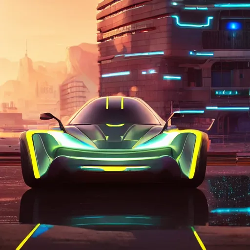 Image similar to futuristic car parked in front of a glowing sci-fi container in a pleasant urban setting, peaceful, majestic, a sense of hope, in style of apex legends, art station, ultra hd, soft light, overhead sun, ultra hd, art station