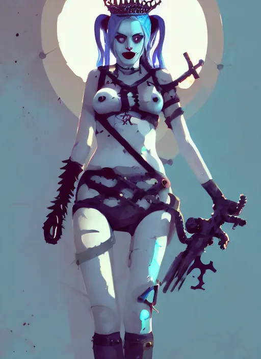 Prompt: portrait of cute goth harley quinn girl with crown of thorns in cyber bikini armor, warhammer, cyberpunk, by atey ghailan, by greg rutkowski, by greg tocchini, by james gilleard, by joe gb fenton, by kaethe butcher, dynamic lighting, gradient light blue, brown, blonde cream and white color in scheme, grunge aesthetic
