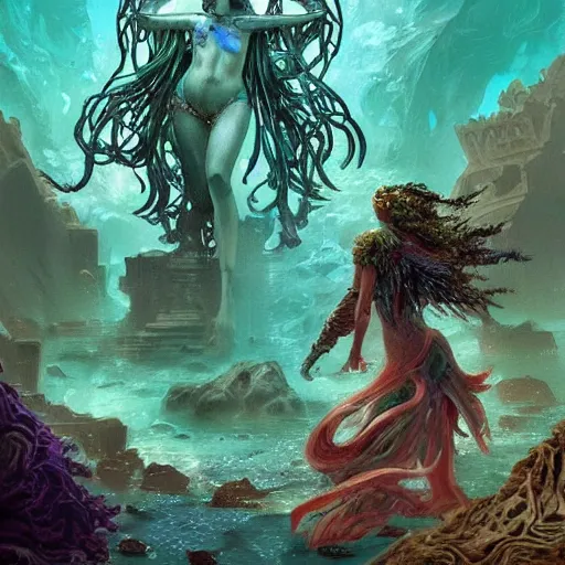 Image similar to beautiful interesting detailed matte digital Magic The Gathering illustration by Marc Simonetti of an underwater garden with a statue of Poseidon and a statue of Aphrodite, teal turqoise aqua and green color palette, seaweed bioluminescence fish coral treasure and ancient ruins, trending on artstation hq
