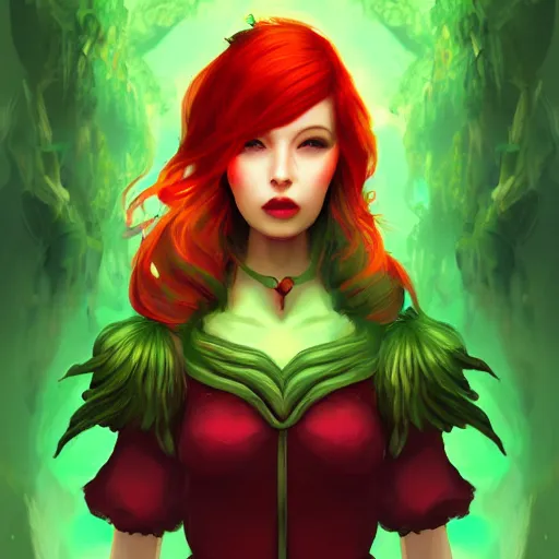 Prompt: a beautiful stunning fantasy whimsical matte digital portrait illustration of a pretty womam with bright green eyes and fiery red hair with a green bird on her shoulder, in the style of Ross Tran, trending on artstation, contest winner