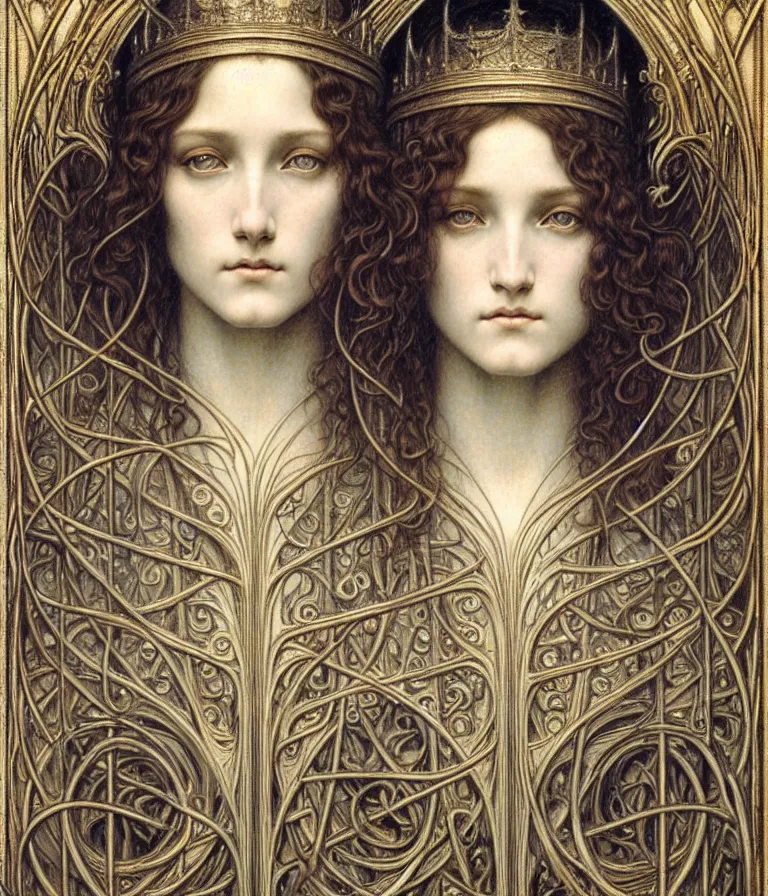 Image similar to detailed realistic beautiful young medieval queen face portrait by jean delville, gustave dore and marco mazzoni, art nouveau, symbolist, visionary, gothic, pre - raphaelite. horizontal symmetry