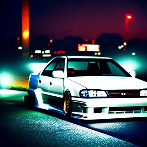 Image similar to a car JZX100 turbo at illegal car meet, Saitama prefecture, city midnight mist lights, cinematic color, photorealistic, highly detailed, 200MM