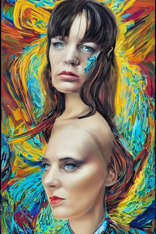 Prompt: Portrait of a woman with bangs in style of 80s surrealism art, hyper-detailed