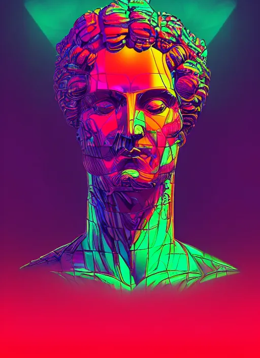 Image similar to statue of dionysus, beeple, android jones, dan mumford, vaporwave, retrowave, black background, neon wiring, black, glitch, strong contrast, cuts, pinterest, trending on artstation