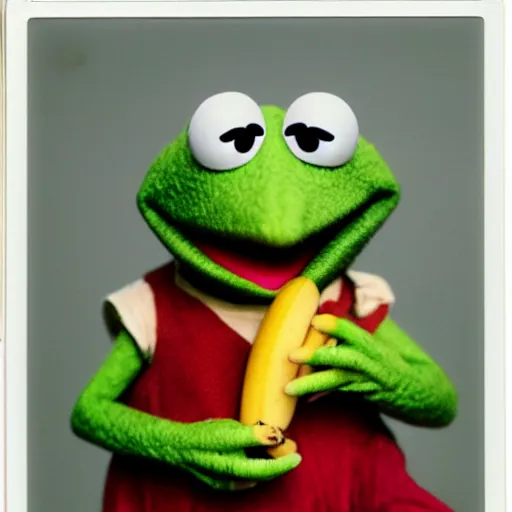 Image similar to Kermit the frog holding a banana, polaroid photo, instax, white frame, by Warhol,