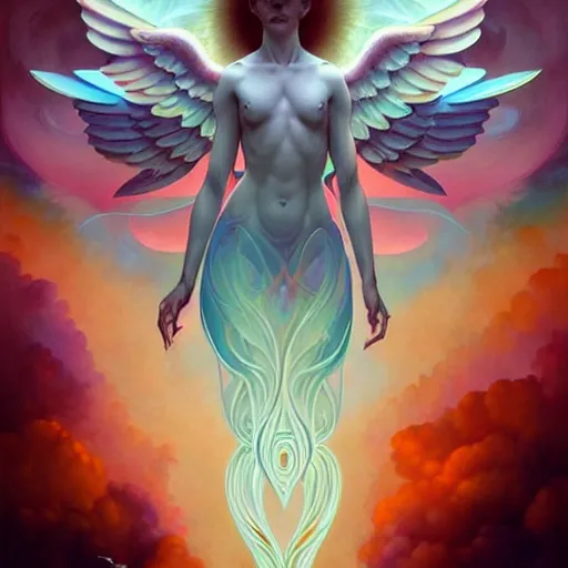 Image similar to psychedelic angelic celestial being artwork of peter mohrbacher, frank xavier leyendecker, energy body, sacred geometry, esoteric art, divinity detailed, saturated colors,