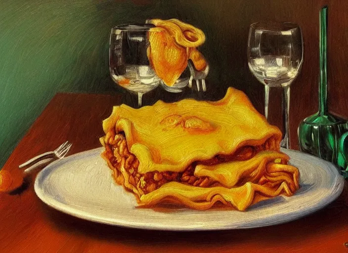Prompt: detailed realistic realism painting of garfield eating lasagna at dusk, in the style of vincent van gogh and salvador dali and leonardo da vinci