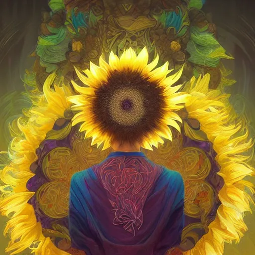 Prompt: East-asian sunflower queen, colorful, surreal, dramatic lighting, face, detailed, intricate, elegant, highly detailed, digital painting, artstation, concept art, smooth, sharp focus, illustration, art by Sam Spratt, Dan Mumford, Artem Demura and Alphonse Mucha