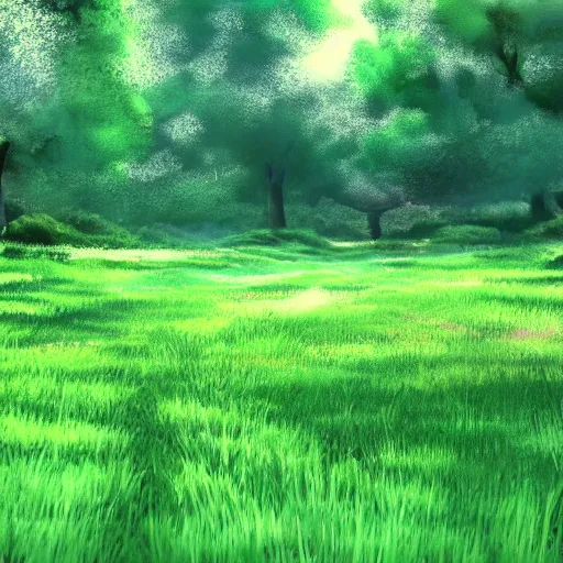 Image similar to green meadow, in anime style, beautiful green, nature, 4 k,