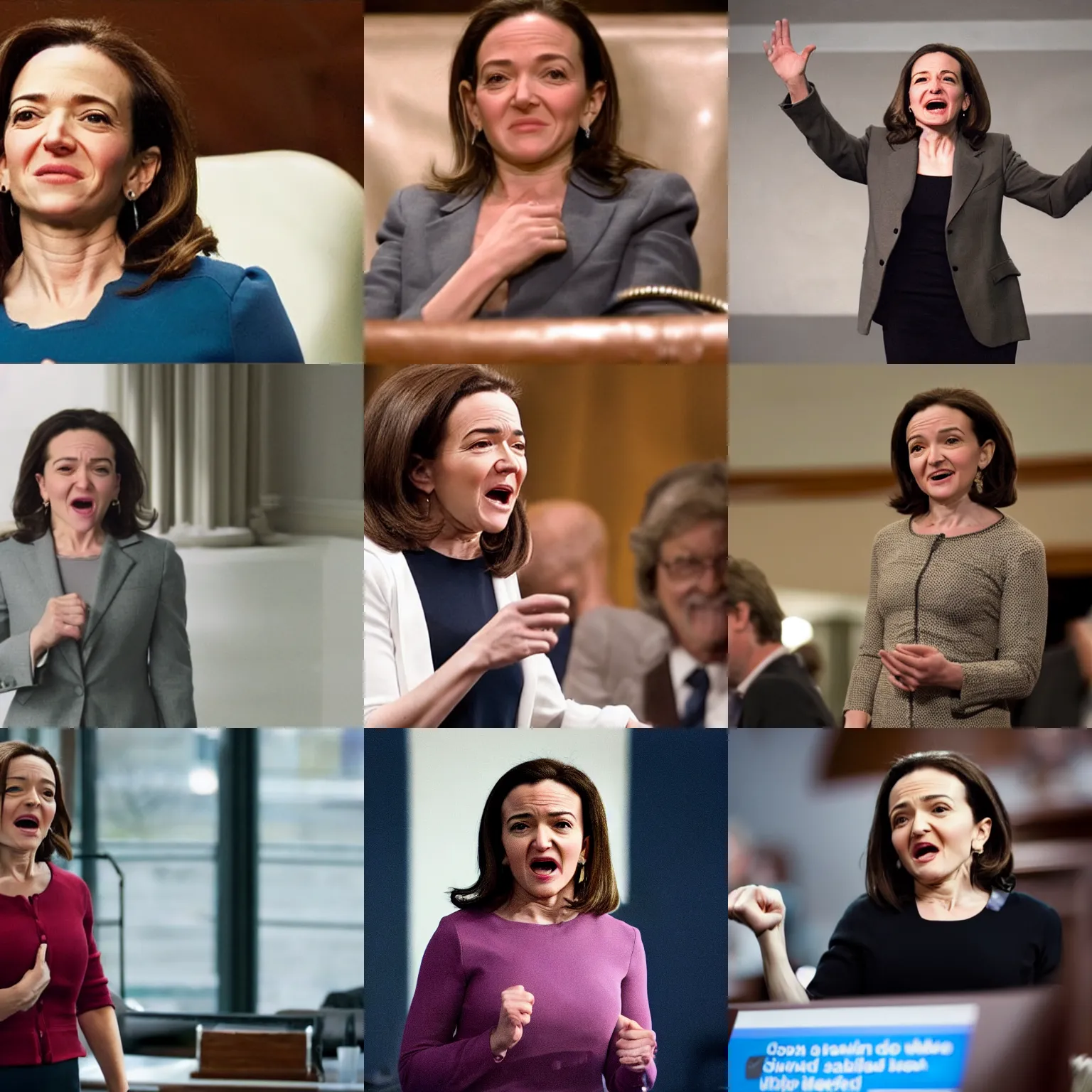 Prompt: Movie still of a tired, old, and ugly Sheryl Sandberg standing up and raging at Congress in Facebook The Movie (2017), directed by Steven Spielberg