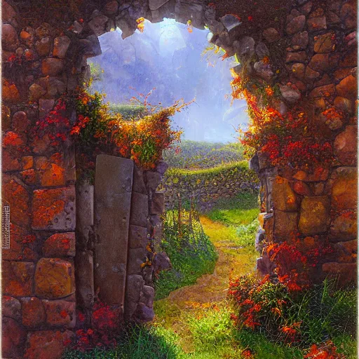 Image similar to colorful marc simonetti and Mark Keathley impasto!! acrylic painting of the slate stone gateway of a forgotten civilization. vines and creepers, stone etchings