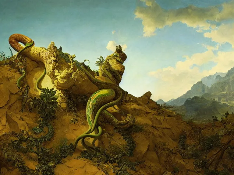 Image similar to an oil painting of a great snake with vivid green scales in a cracked desert by carl spitzweg and tuomas korpi. baroque elements, full-length view. baroque element. intricate artwork by caravaggio. Trending on artstation. 8k