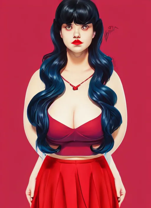 Image similar to full body portrait of teenage veronica lodge, obese, bangs, sultry, realistic, sultry smirk, wavy hair, red skirt, fat, belly, intricate, elegant, glowing lights, highly detailed, digital painting, artstation, concept art, smooth, sharp focus, illustration, art by wlop, mars ravelo and greg rutkowski