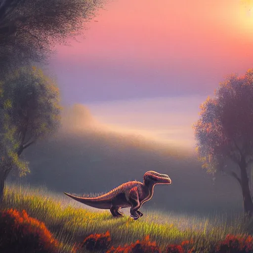 Image similar to dinosaur in the distance walking through shrubbery, over hills, misty, sunset, painting, detailed landscape