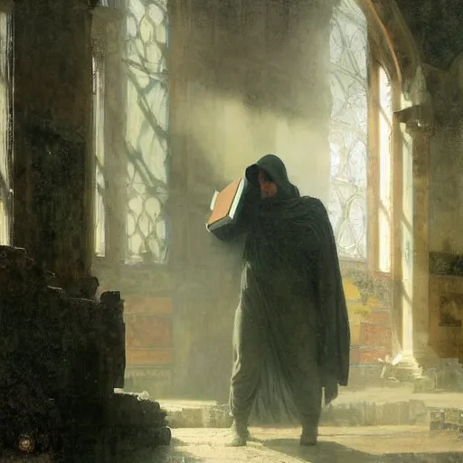 Image similar to half portait of magican wearing a closed cowl with big old book!, jeremy mann, jean leon gerome, alphonse mucha, greg rutkowski, hood covers his eyes, ( ( ruins of ancient rome ) ), at dusk, mysterious atmosphere, sunrays, dof, masterpiece, high detailed, 8 k