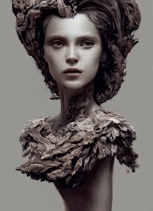 Image similar to sculpture made of wood, portrait, female, future, harper's bazaar, vogue, magazine, intricate, cinematic lighting, concept art, close up, ornate, luxury, elite, elegant, trending on artstation, by ruan jia, by Kenneth Willardt, by ross tran, by WLOP, by Andrei Riabovitchev,