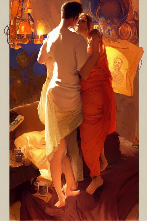 Image similar to portrait of tinfoil hat man in orange t - shirt hugging from behind his wife in a bed, feelings, romantic, fantasy, intricate, elegant, highly detailed, digital painting, artstation, concept art, smooth, sharp focus, illustration, art by artgerm and greg rutkowski and alphonse mucha