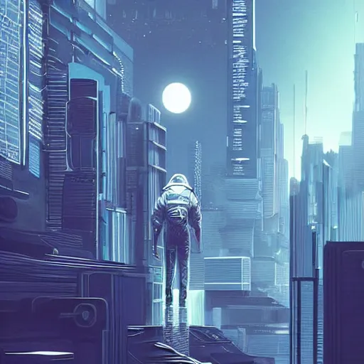 Image similar to “ man on the moon, cyberpunk art by vincent lefevre, behance contest winner, altermodern, cityscape, synthwave, matte painting ”