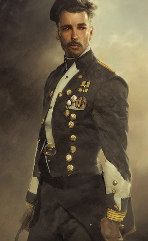 Prompt: official Portrait of a naval officer, male, detailed face, 19th century, highly detailed, cinematic lighting, digital art painting by greg rutkowski